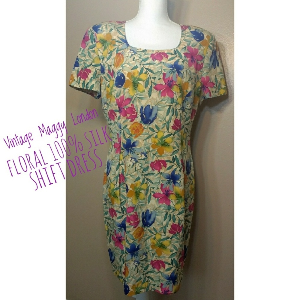 Vintage Maggy London Floral 100% Silk Shift Dress
